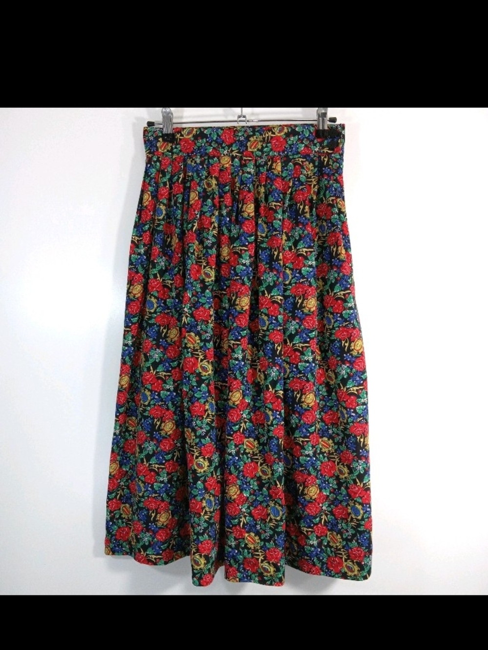 Vtg Chaus Black Floral A-Line Midi Skirt with Red, Blue & Yellow Blooms